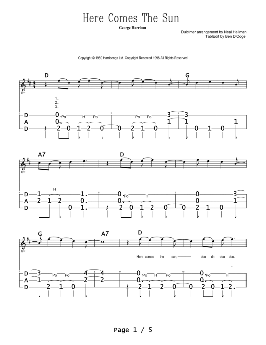 Here Comes The Sun Here Comes The Sun Dulcimer scores gallery preview page 1