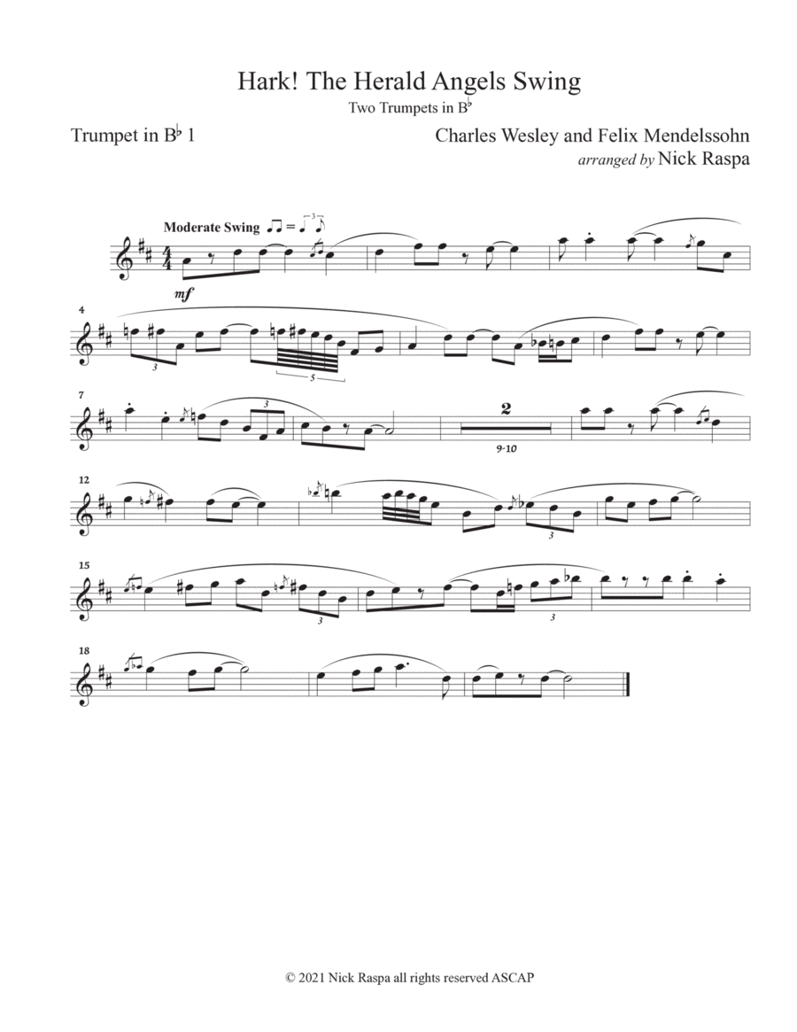 Hark! The Herald Angels Swing (Two B Flat Trumpets) Trumpet 1 part Trumpet Duet scores gallery preview page 1