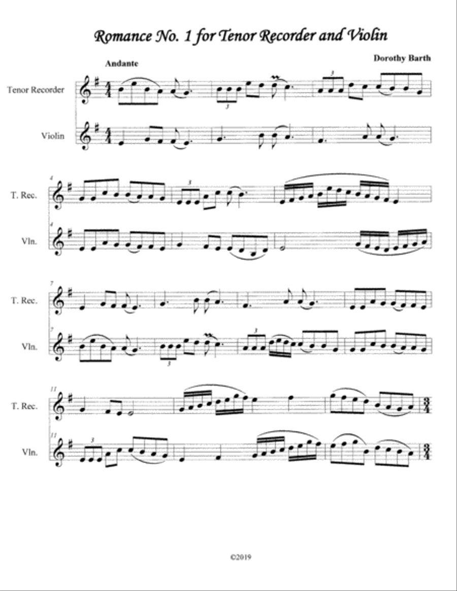 Romance No. 1 for Tenor Recorder and Violin Tenor Recorder scores gallery preview page 1