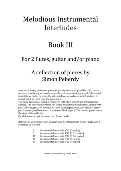 Instrumental Interludes, Book 3 (5 pieces), for 2 flutes, guitar and/or piano by Simon Peberdy image number null