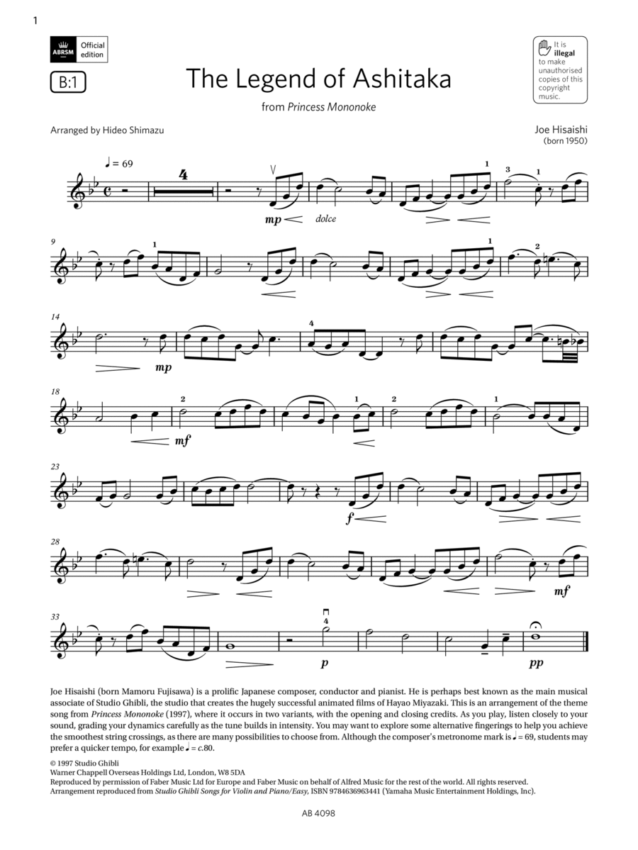 The Legend of Ashitaka (Grade 4, B1, from the ABRSM Violin Syllabus from 2024) Violin Solo scores gallery preview page 1