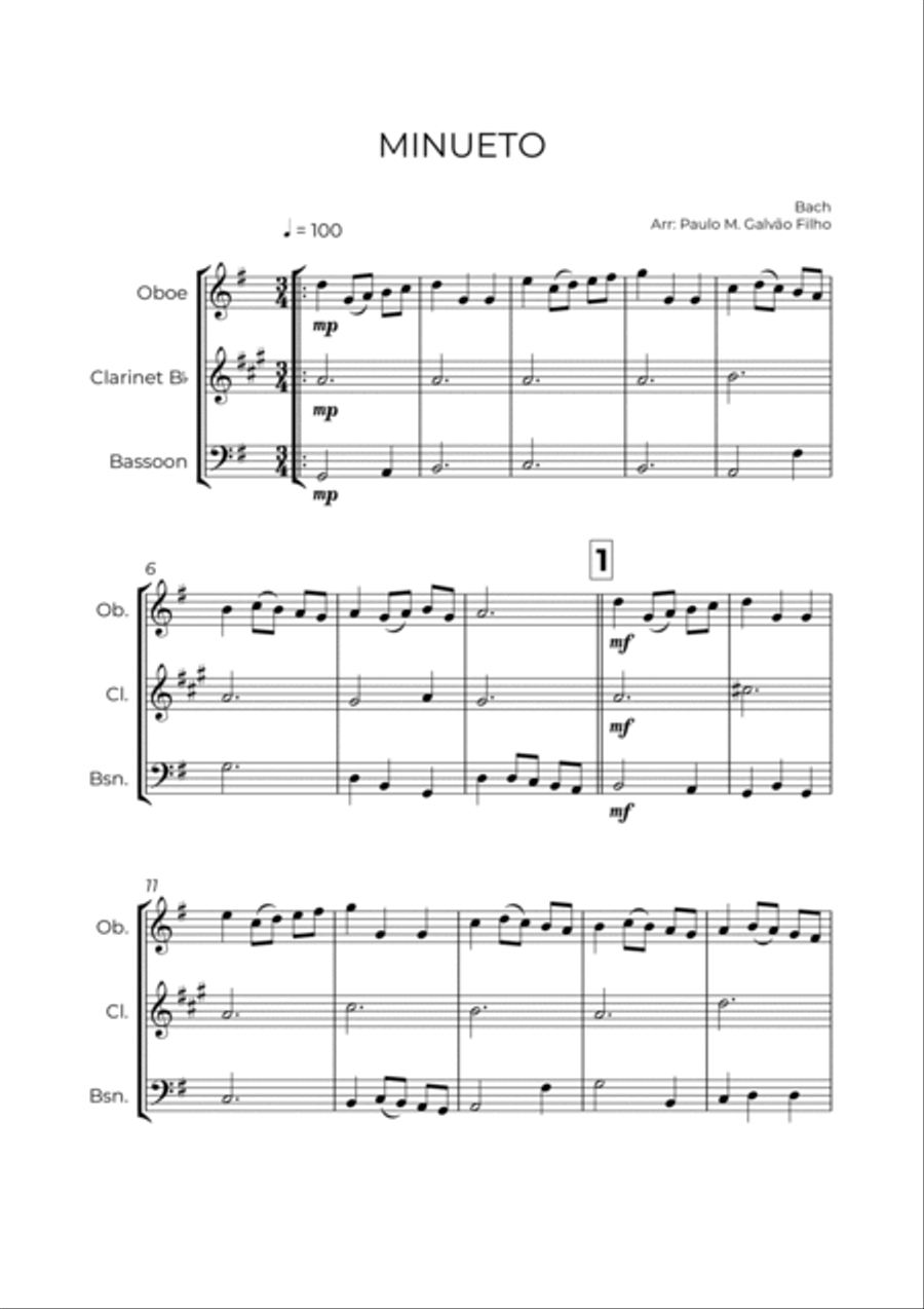 MINUETO - BACH - WIND TRIO (OBOE, CLARINET & BASSOON) Woodwind Trio scores gallery preview page 2