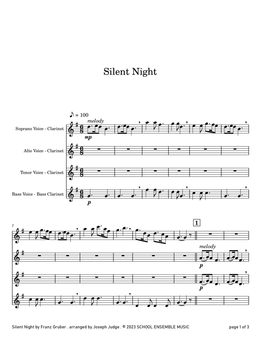 Silent Night for Clarinet Quartet in Schools Clarinet Quartet scores gallery preview page 1