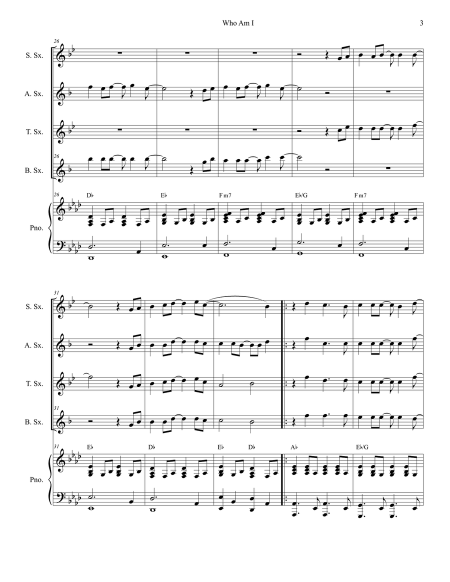 Who Am I Saxophone Quartet scores gallery preview page 3
