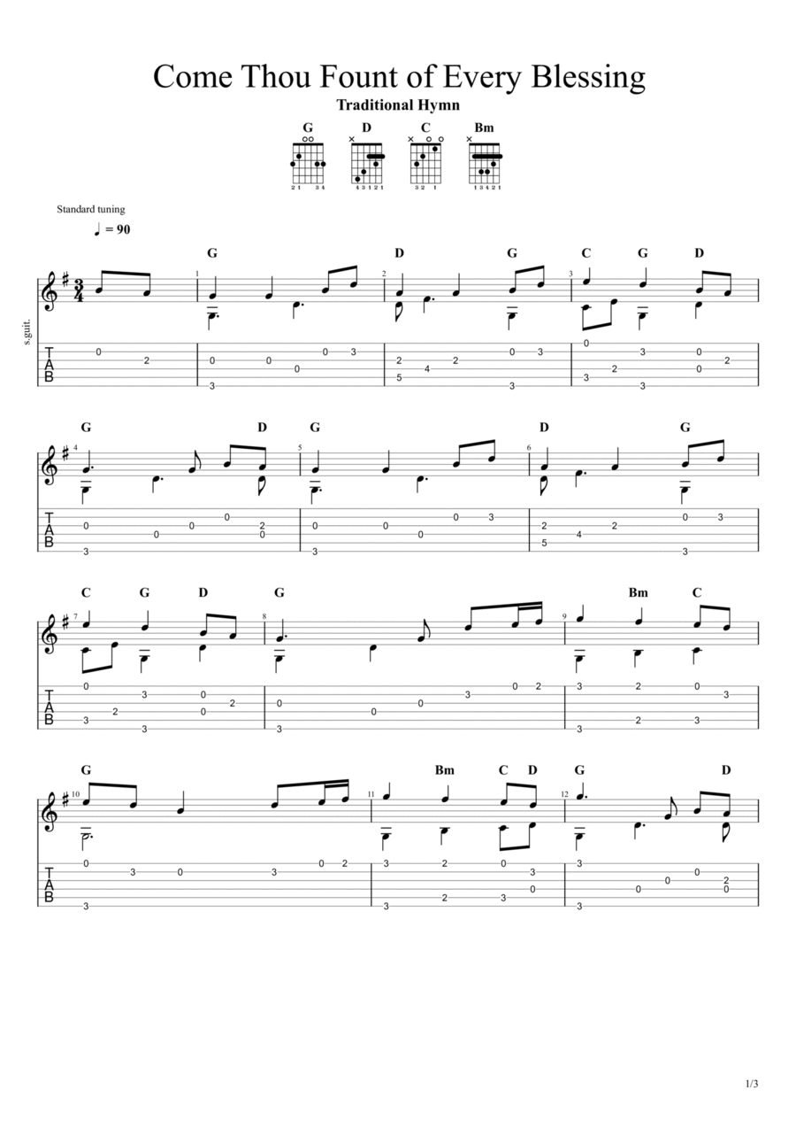 Come Thou Fount of Every Blessing Guitar Tablature scores gallery preview page 1