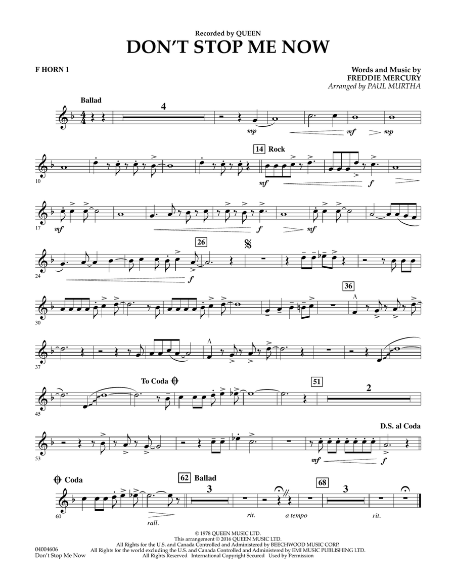 Don't Stop Me Now - F Horn 1 Concert Band scores gallery preview page 1