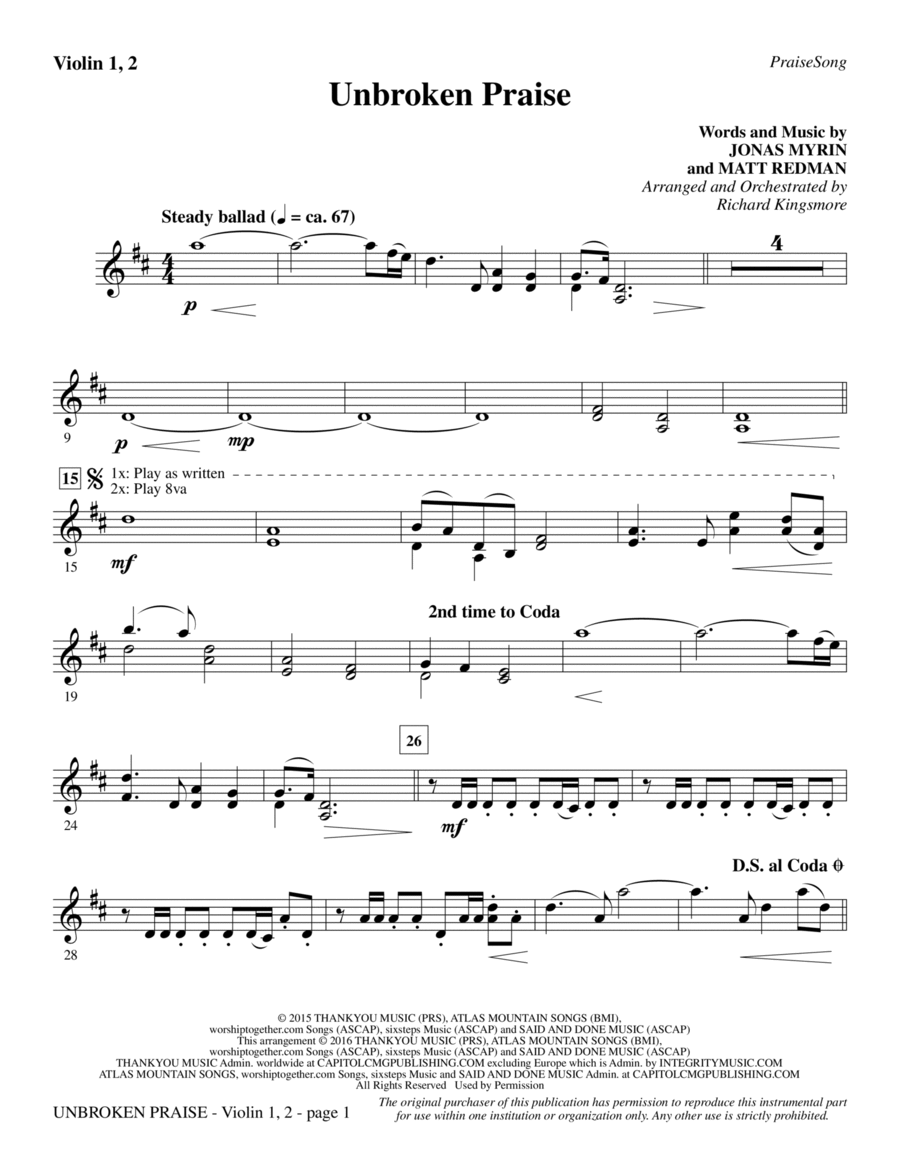 Unbroken Praise - Violin 1, 2 Choir scores gallery preview page 1