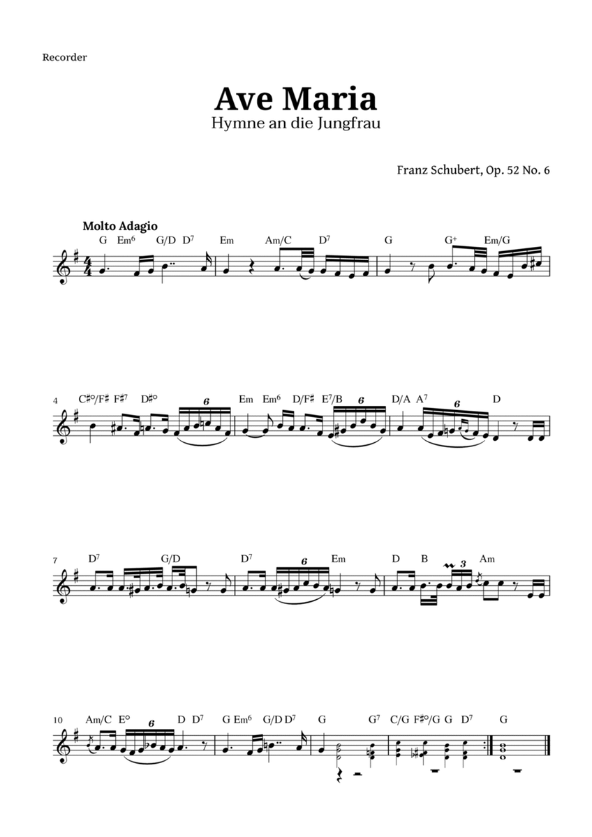 Ave Maria by Schubert for Recorder with Chords image number null