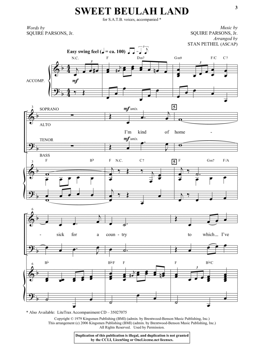Sweet Beulah Land (arr. Stan Pethel) 4-Part scores gallery preview page 1