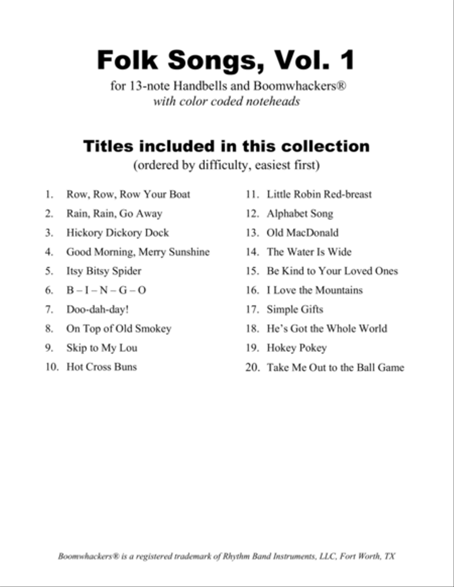 Folk Songs for 13-note Bells and Boomwhackers (with Color Coded Notes), VOL. 1 Handbell Choir scores gallery preview page 2