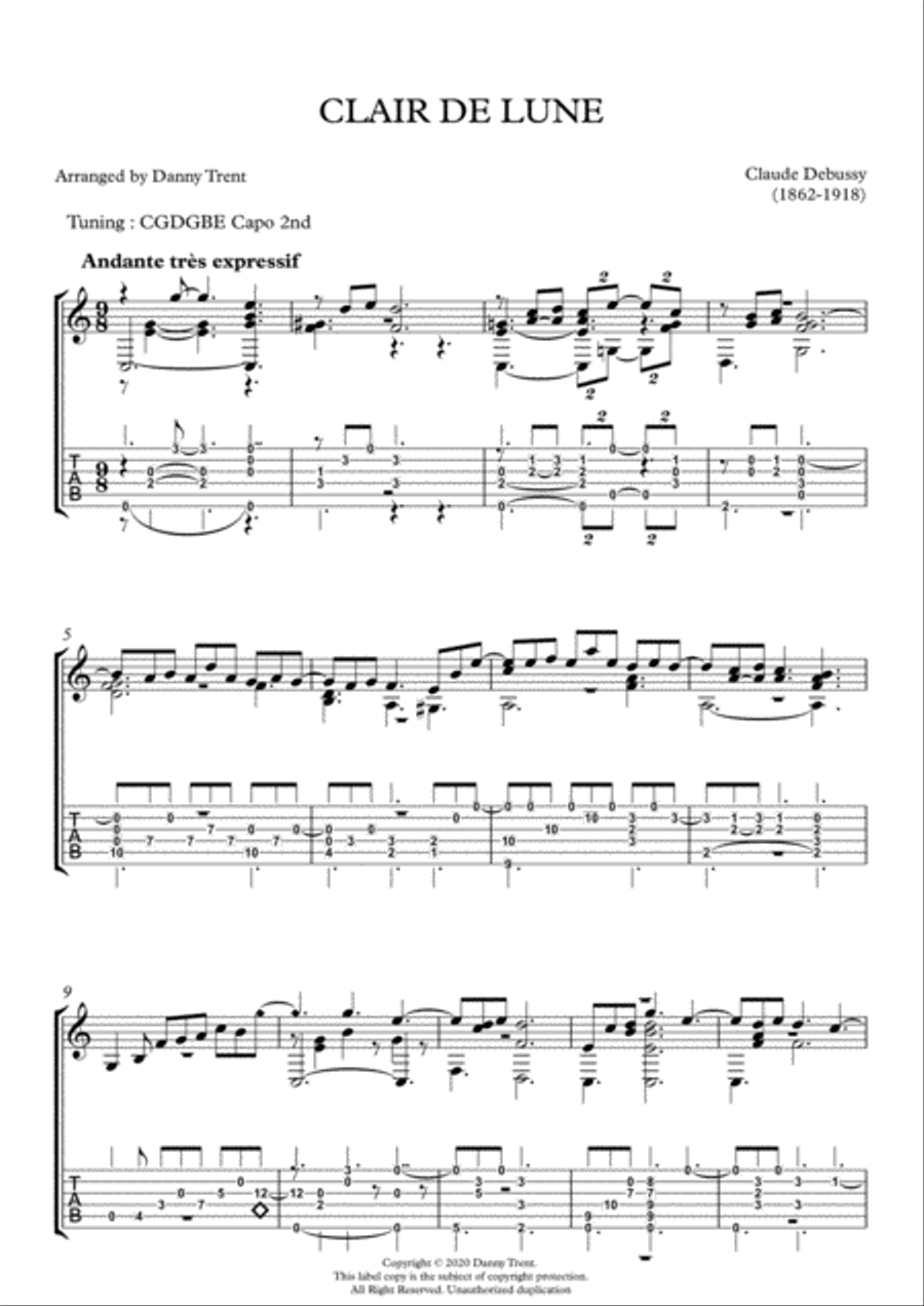 Clair de Lune ( Fingerstyle guitar arrangement) Clair de Lune ( Fingerstyle guitar arrangement) Classical Guitar scores gallery preview page 1