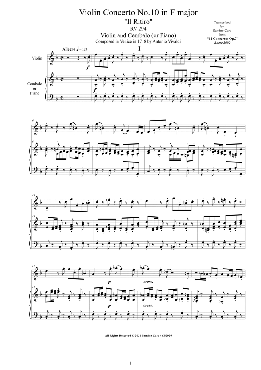 Vivaldi - Violin Concerto No.10 in F major 'Il Ritiro' RV 294 Op.7 for Violin and Cembalo (or Piano) image number null