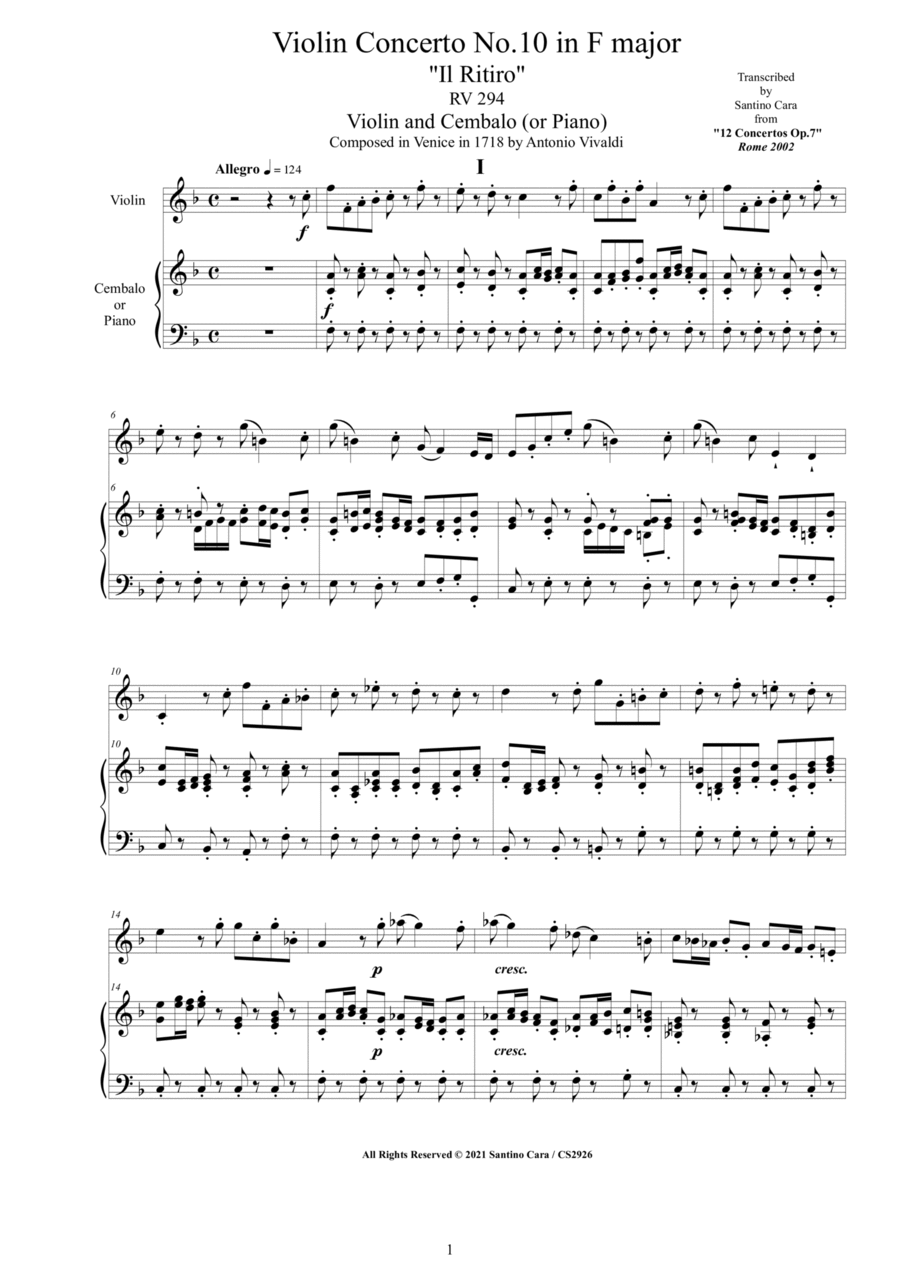 Vivaldi - Violin Concerto No.10 in F major 'Il Ritiro' RV 294 Op.7 for Violin and Cembalo (or Piano) String Duet scores gallery preview page 1