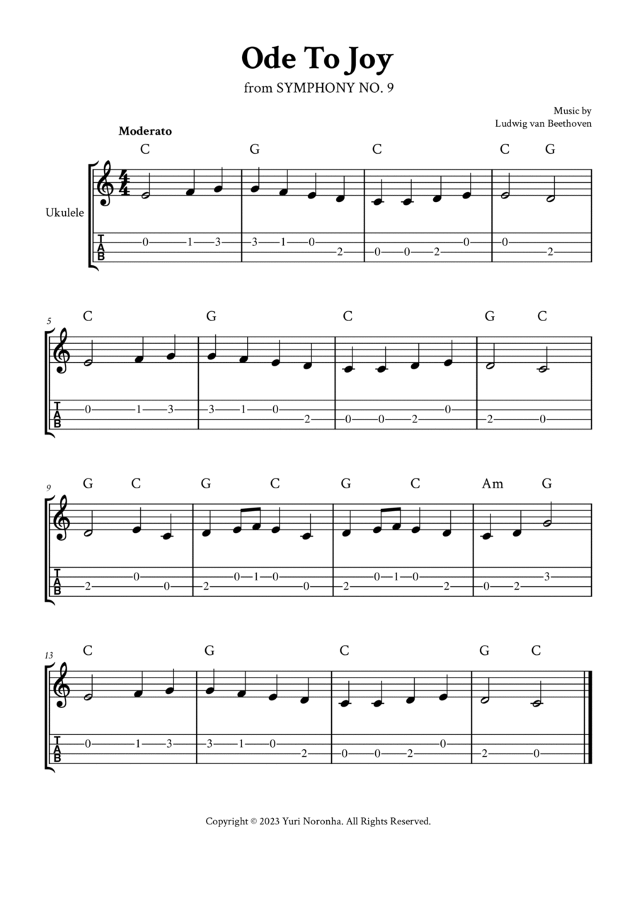 Ode To Joy - For Ukulele (C Major - with TAB and Chords) Ukulele scores gallery preview page 1