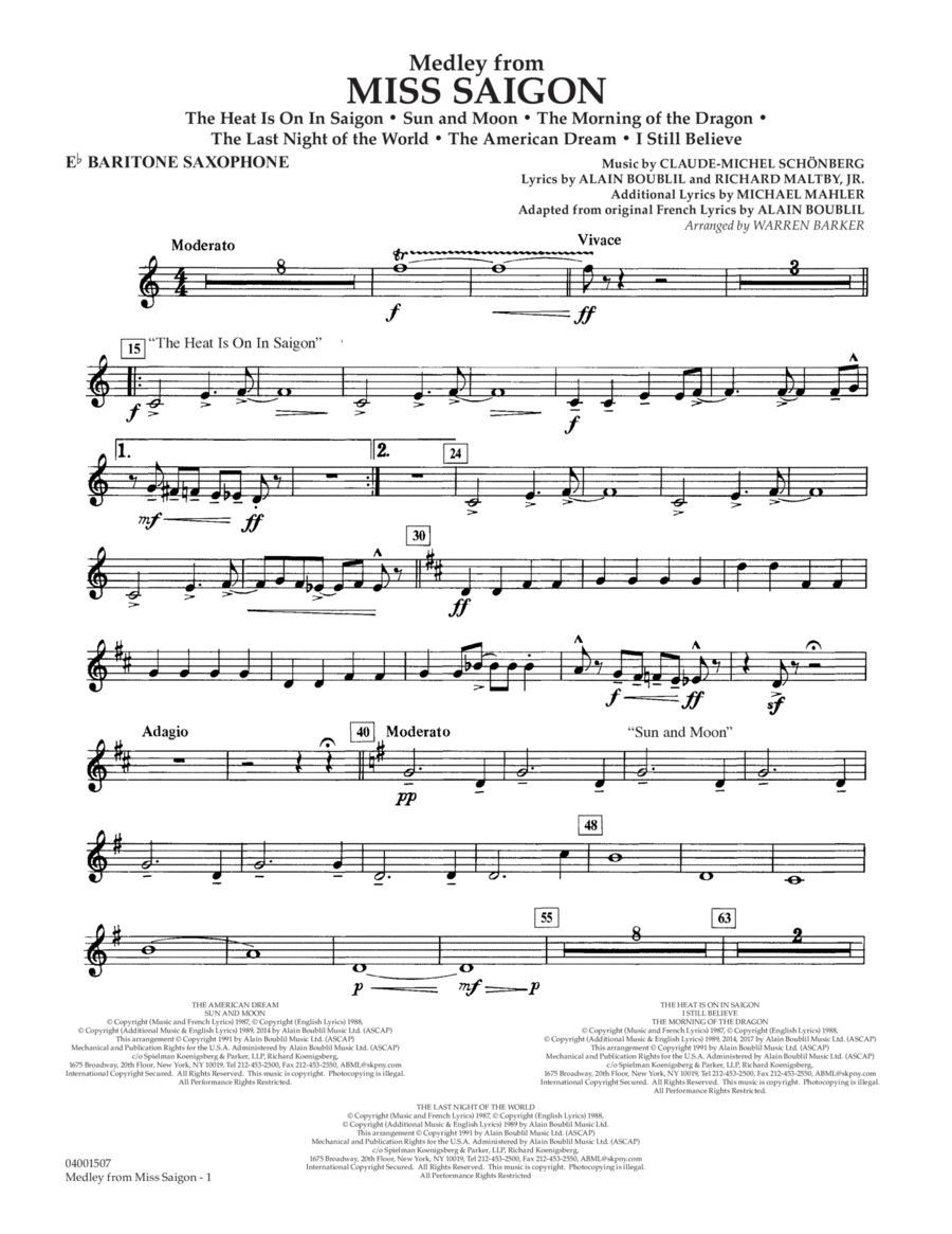 Medley from Miss Saigon (arr. Warren Barker) - Eb Baritone Saxophone Concert Band scores gallery preview page 1