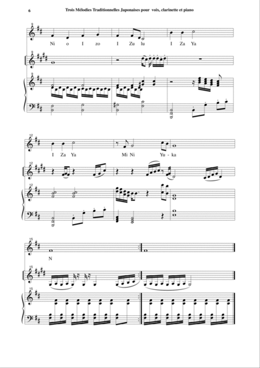Jean-Thierry Boisseau: Trois Mélodies Japonaises for medium voice, Bb clarinet and piano Small Ensemble scores gallery preview page 6