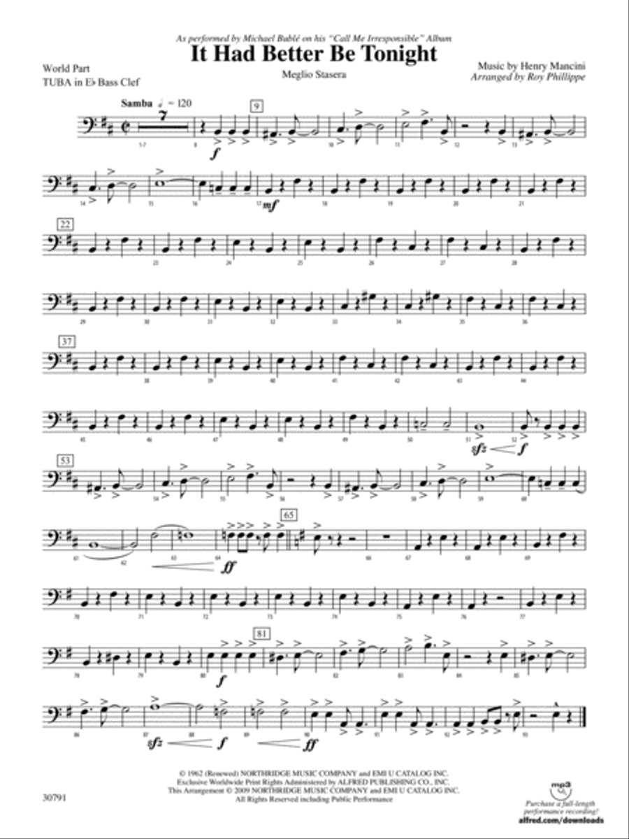 It Had Better Be Tonight (Meglio Stasera): (World Part) E-flat Tuba B.C. Concert Band scores gallery preview page 1
