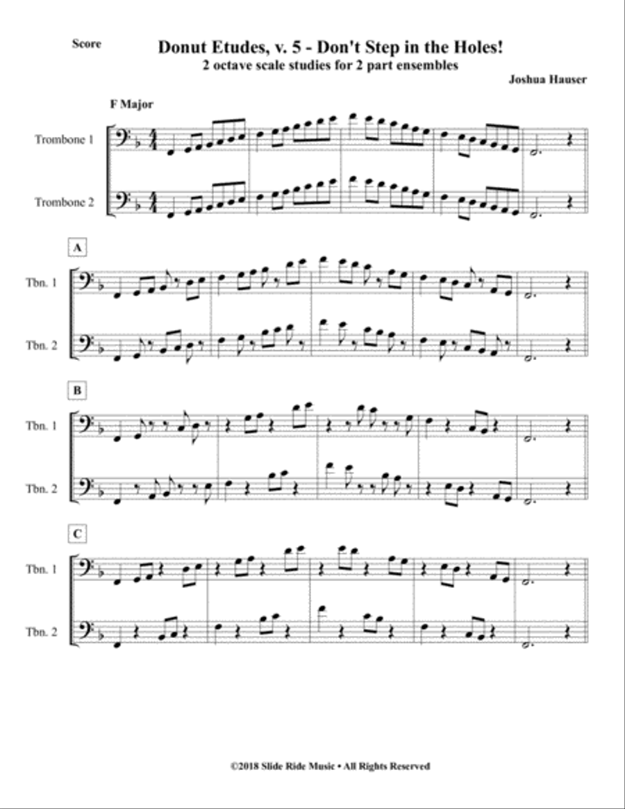Donut Etudes v5 - Scale Duets for 2 Trombones in Bb/F, 2 Euphoniums in Bass Clef, or 2 Bassoons Trombone Duet scores gallery preview page 3