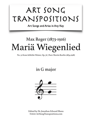 Book cover for REGER: Mariä Wiegenlied, Op. 76 no. 52 (transposed to G major)