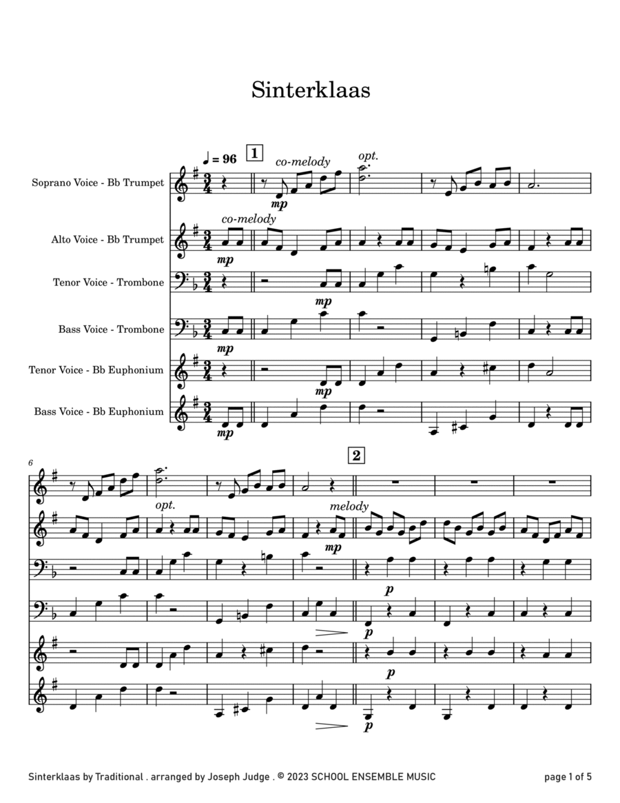 Sinterklaas for Brass Quartet in Schools Brass Quartet scores gallery preview page 1