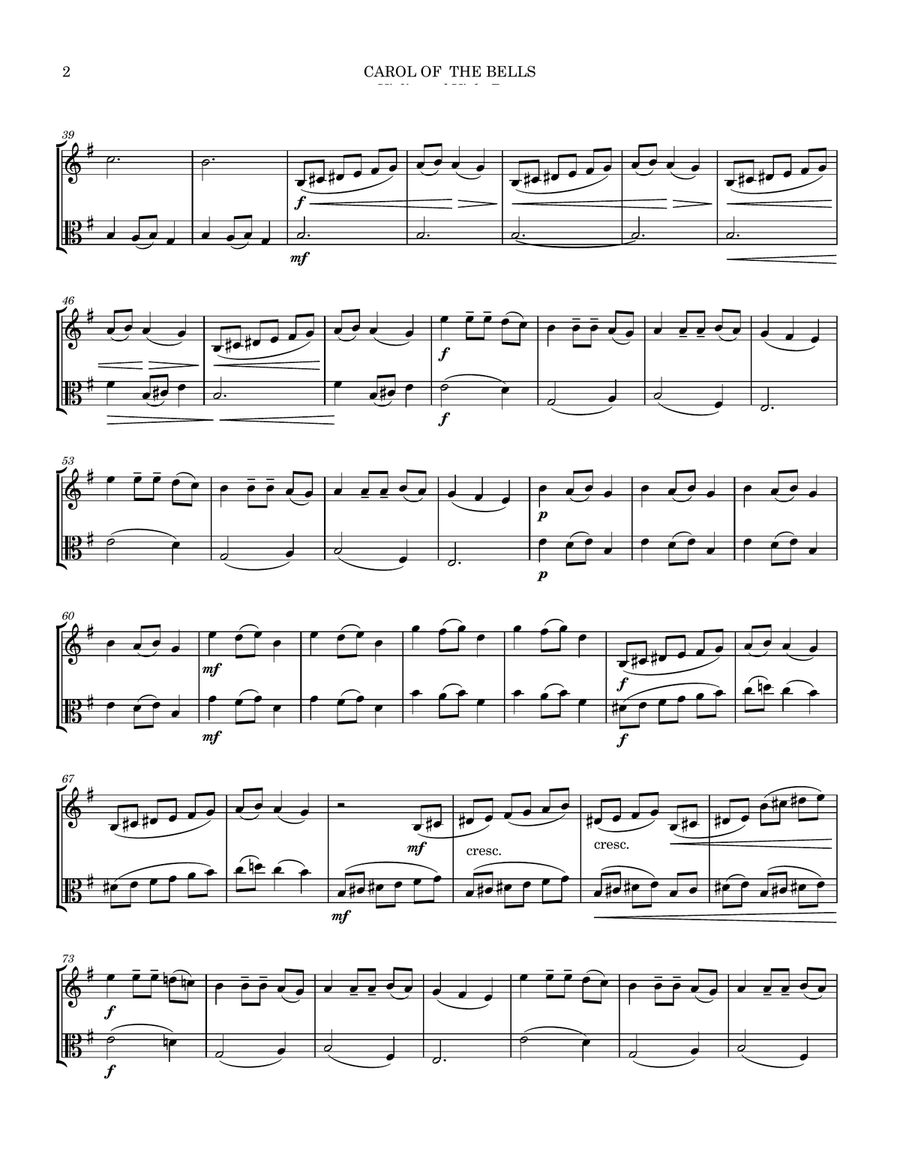 Carol of the Bells Violin and Viola Duet String Duet scores gallery preview page 3