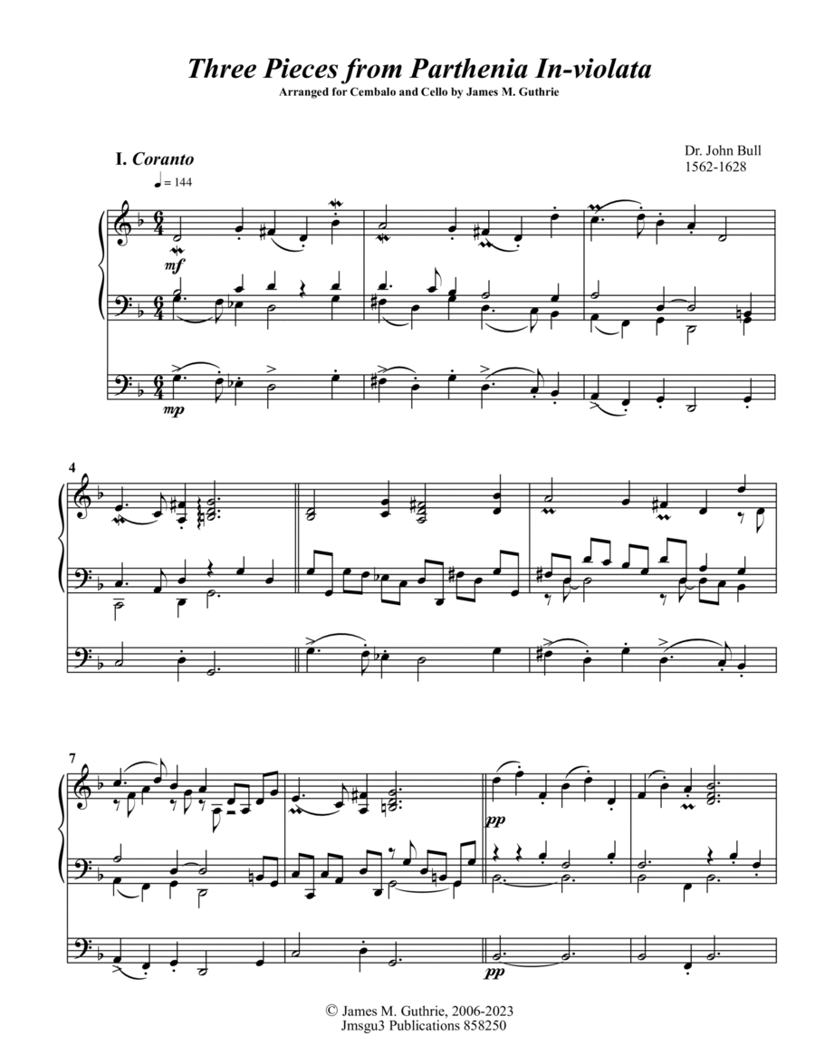 Bull: Three Pieces from Parthenia In-violata for Harpsichord & Gamba or Cello String Duet scores gallery preview page 1