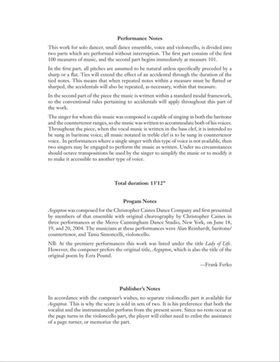 Aegupton: A Dance Piece for Baritone/Countertenor and Violoncello Baritone Voice scores gallery preview page 1