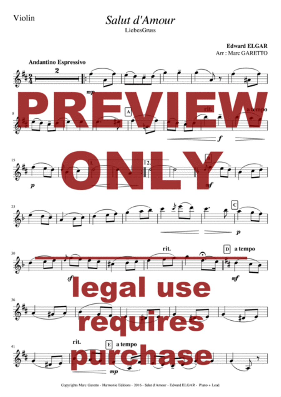 Salut d'Amour - LiebesGruss - EDWARD ELGAR - VIOLIN and PIANO - Arrangement by Marc GARETTO Violin Solo scores gallery preview page 3