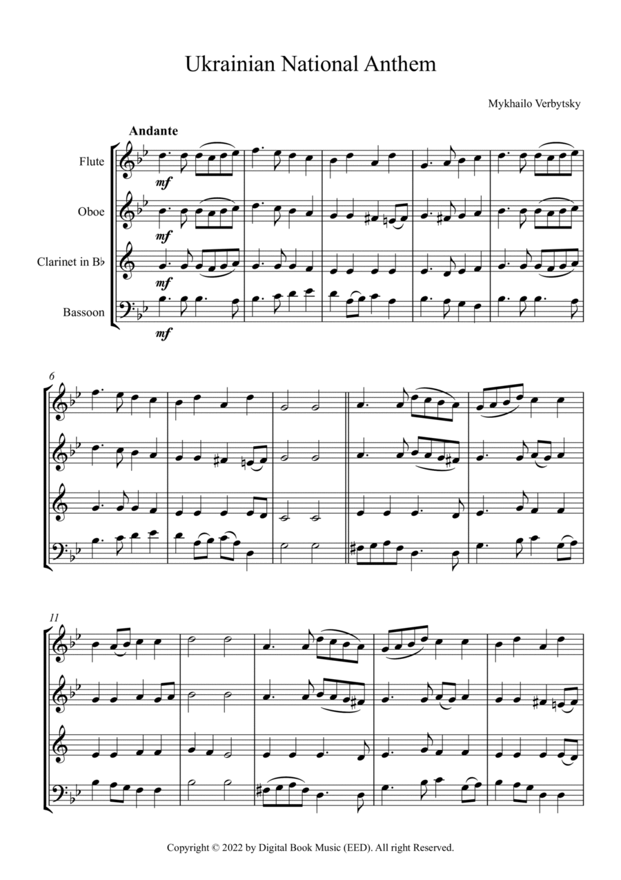 Ukrainian National Anthem - Mykhailo Verbytsky (Woodwind Quartet - Flute, Oboe, Clarinet, Bassoon) Woodwind Quartet scores gallery preview page 1