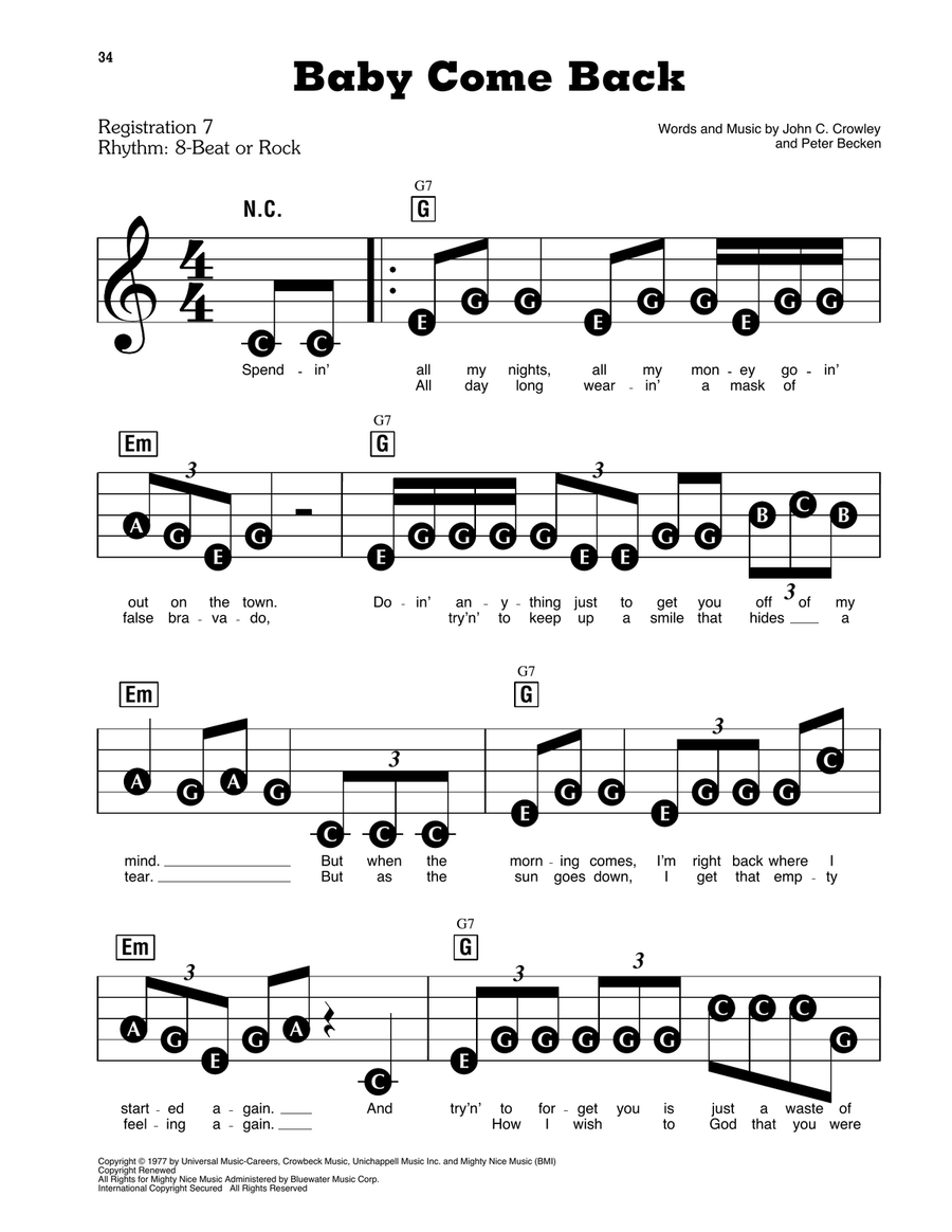 Baby Come Back Electronic Keyboard scores gallery preview page 1