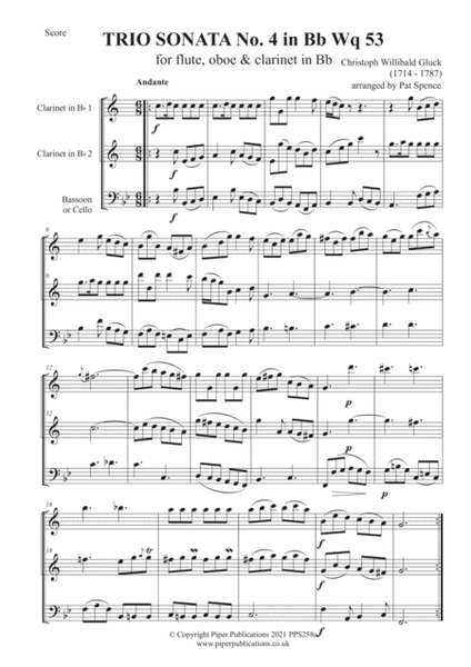 GLUCK TRIO SONATA IN Bb Wq 53 for 2 clarinets & bassoon or cello