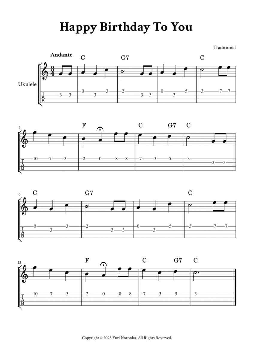 Happy Birthday To You - For Ukulele (C Major - with TAB, Chords) image number null
