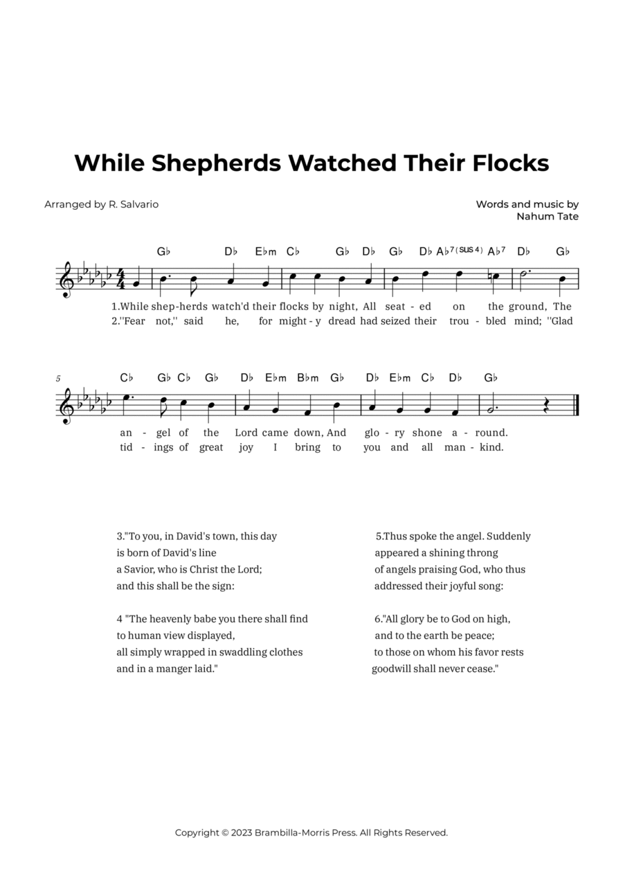 While Shepherds Watched Their Flocks (Key of G-Flat Major) Piano scores gallery preview page 1