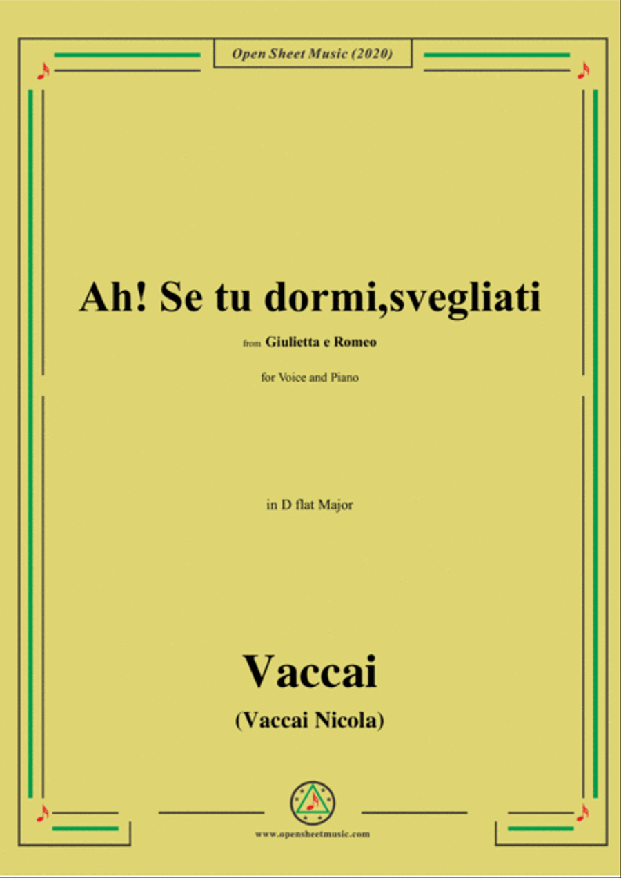 Vaccai-Ah! Se tu dormi,svegliati,in D flat Major,for Voice and Piano Voice Solo scores gallery preview page 1