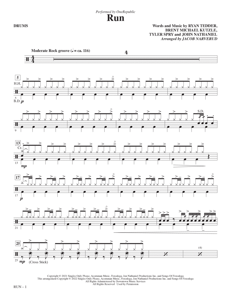 Run (arr. Jacob Narverud) - Drums Choir scores gallery preview page 1