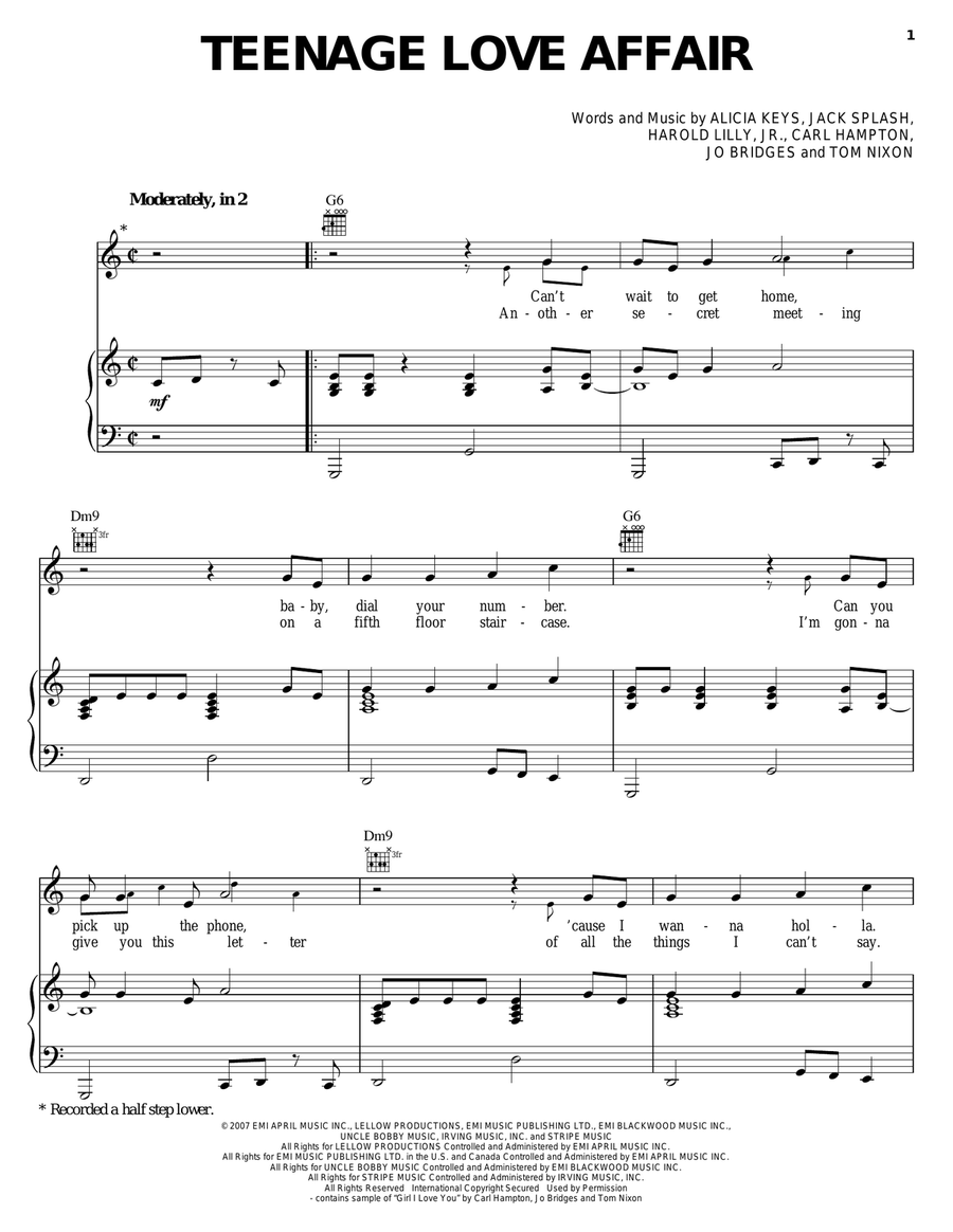 Teenage Love Affair Teenage Love Affair Piano, Vocal, Guitar scores gallery preview page 1