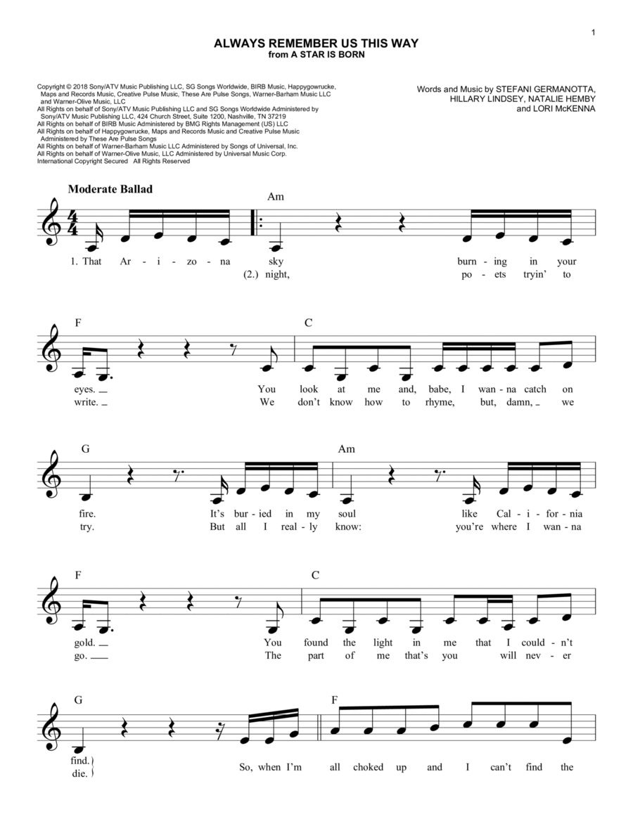 Always Remember Us This Way (from A Star Is Born) Piano scores gallery preview page 1