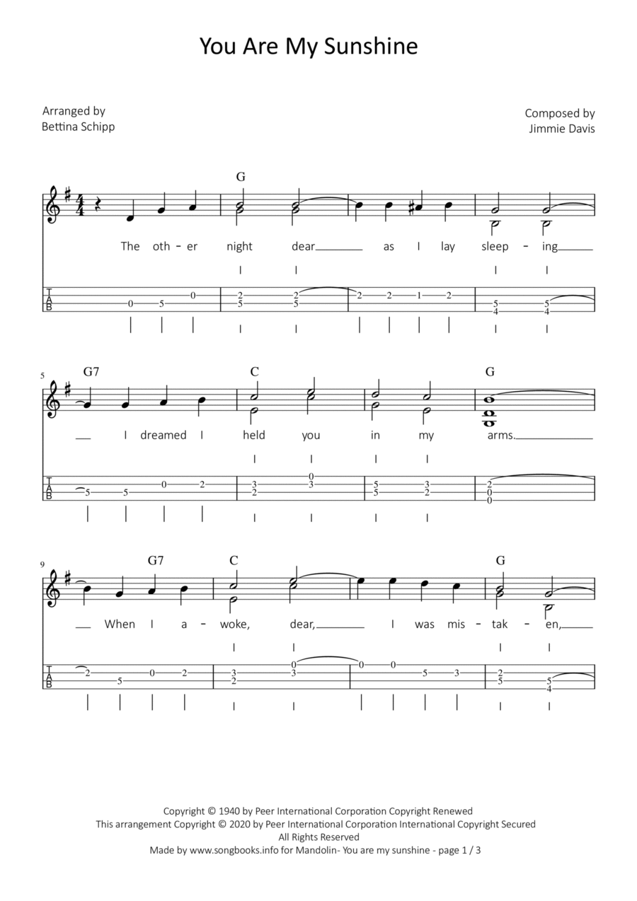You Are My Sunshine Mandolin scores gallery preview page 1