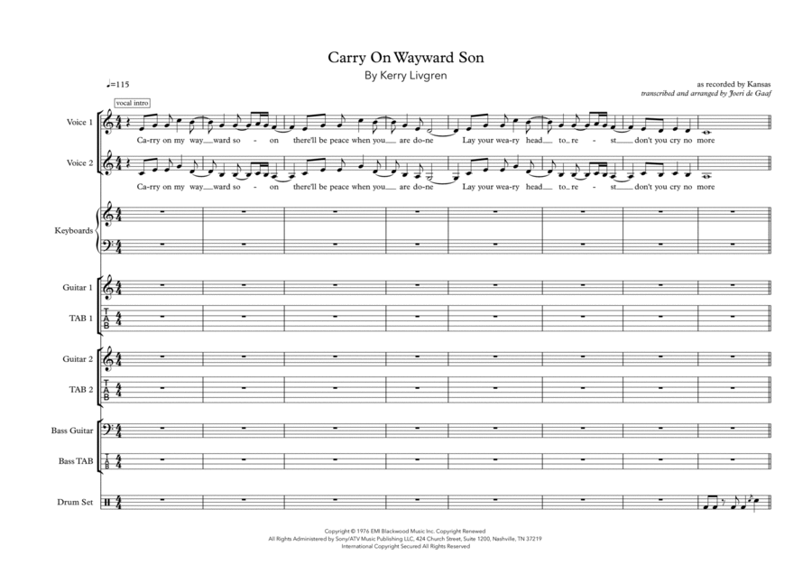 Carry On Wayward Son Voice scores gallery preview page 1