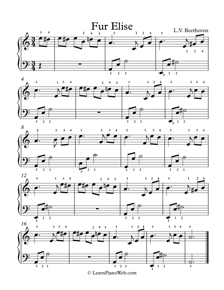 Fur Elise, Bagatelle No.25 in A minor - Easy Piano Easy Piano scores gallery preview page 1