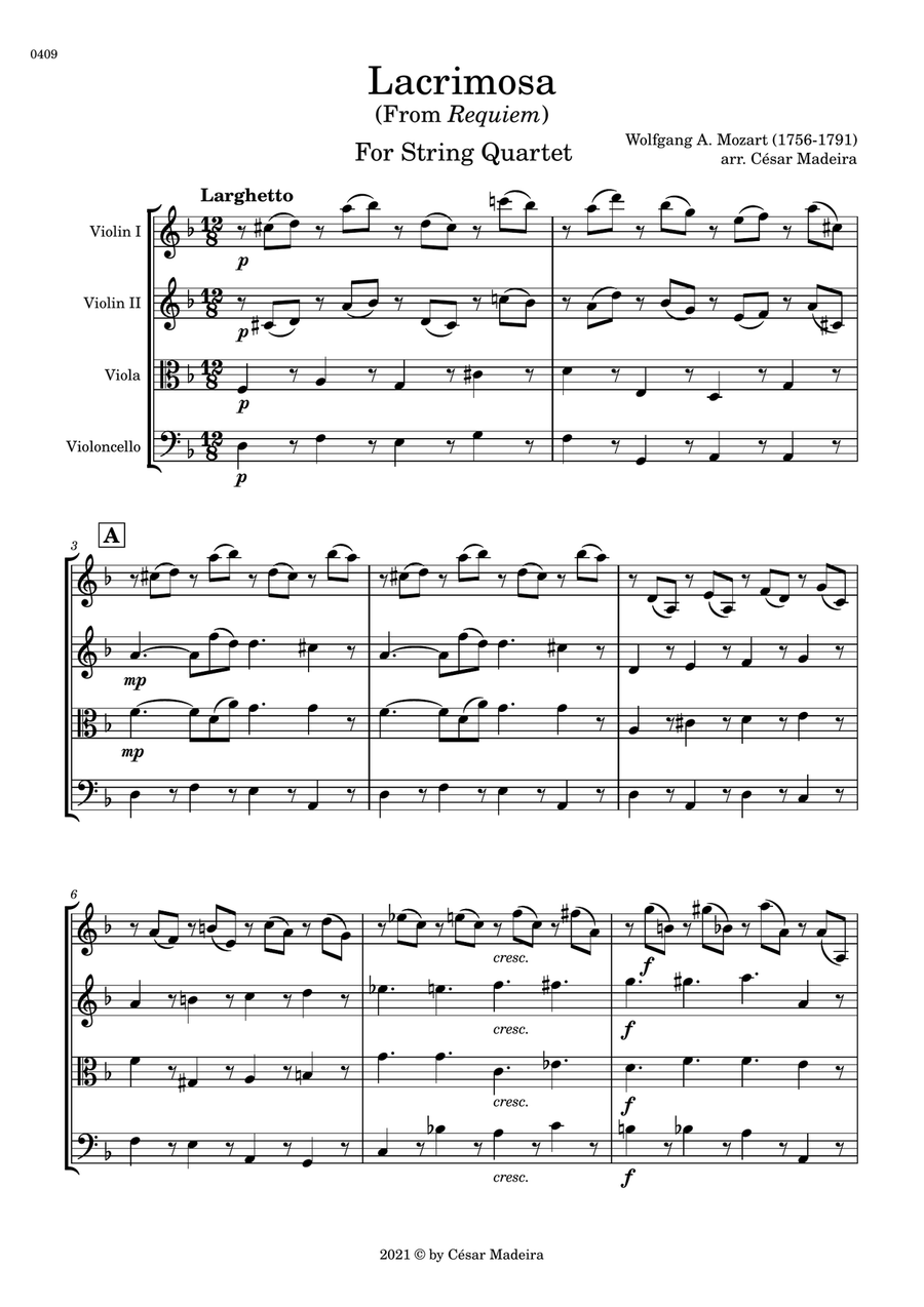 Lacrimosa from Requiem by Mozart - String Quartet (Full Score and Parts) String Quartet scores gallery preview page 2