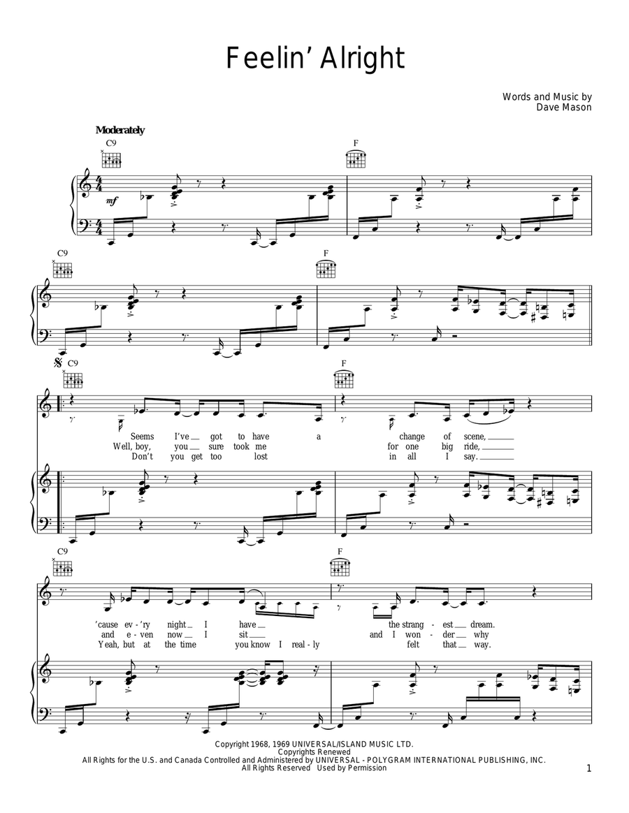 Feelin' Alright Piano, Vocal, Guitar scores gallery preview page 1