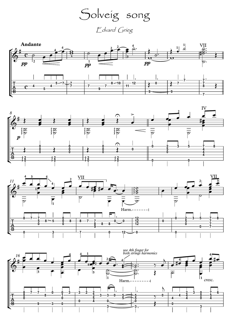 Solveig's Song by Grieg for Classical Guitar Acoustic Guitar scores gallery preview page 1