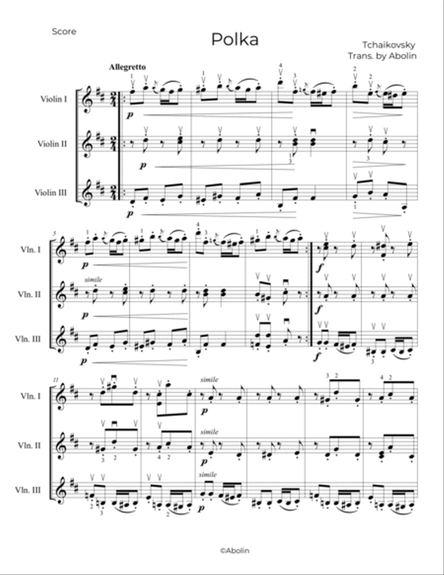 Tchaikovsky: Polka, Op.39, No.10 - for Violin Trio String Trio scores gallery preview page 2
