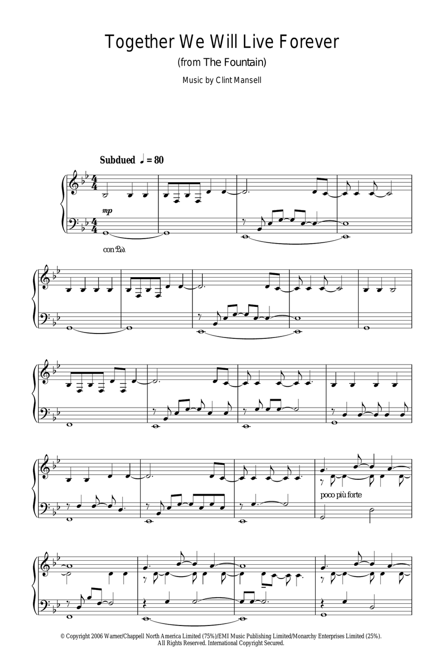 Together We Will Live Forever (from The Fountain) Piano Solo scores gallery preview page 1