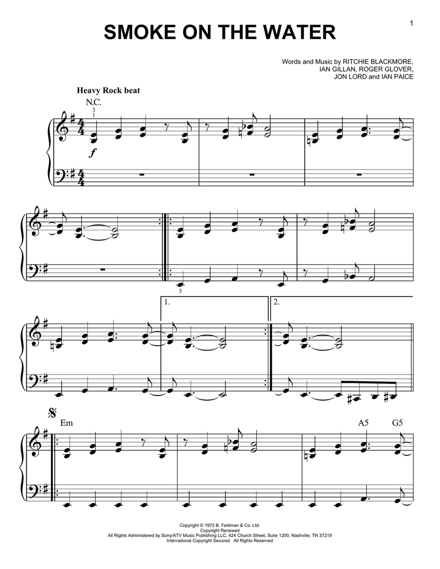Smoke On The Water Easy Piano scores gallery preview page 1
