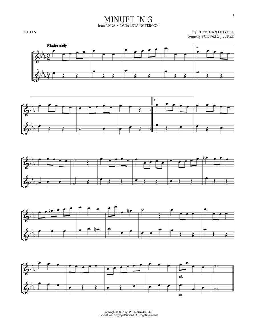 Minuet In G Major, BWV Anh. 114 Flute Duet scores gallery preview page 1