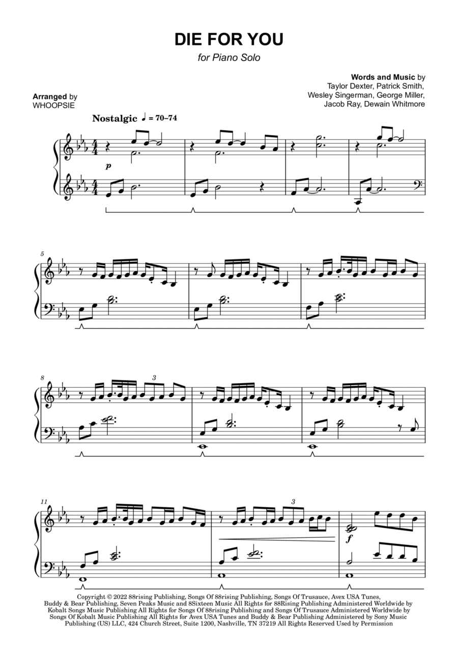 Die For You Piano Solo scores gallery preview page 1