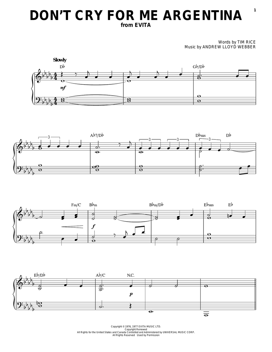 Don't Cry For Me Argentina (from Evita) (High Voice)