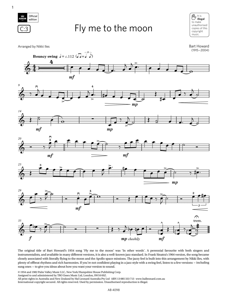 Fly me to the moon (Grade 4, C3, from the ABRSM Violin Syllabus from 2024) Violin Solo scores gallery preview page 1